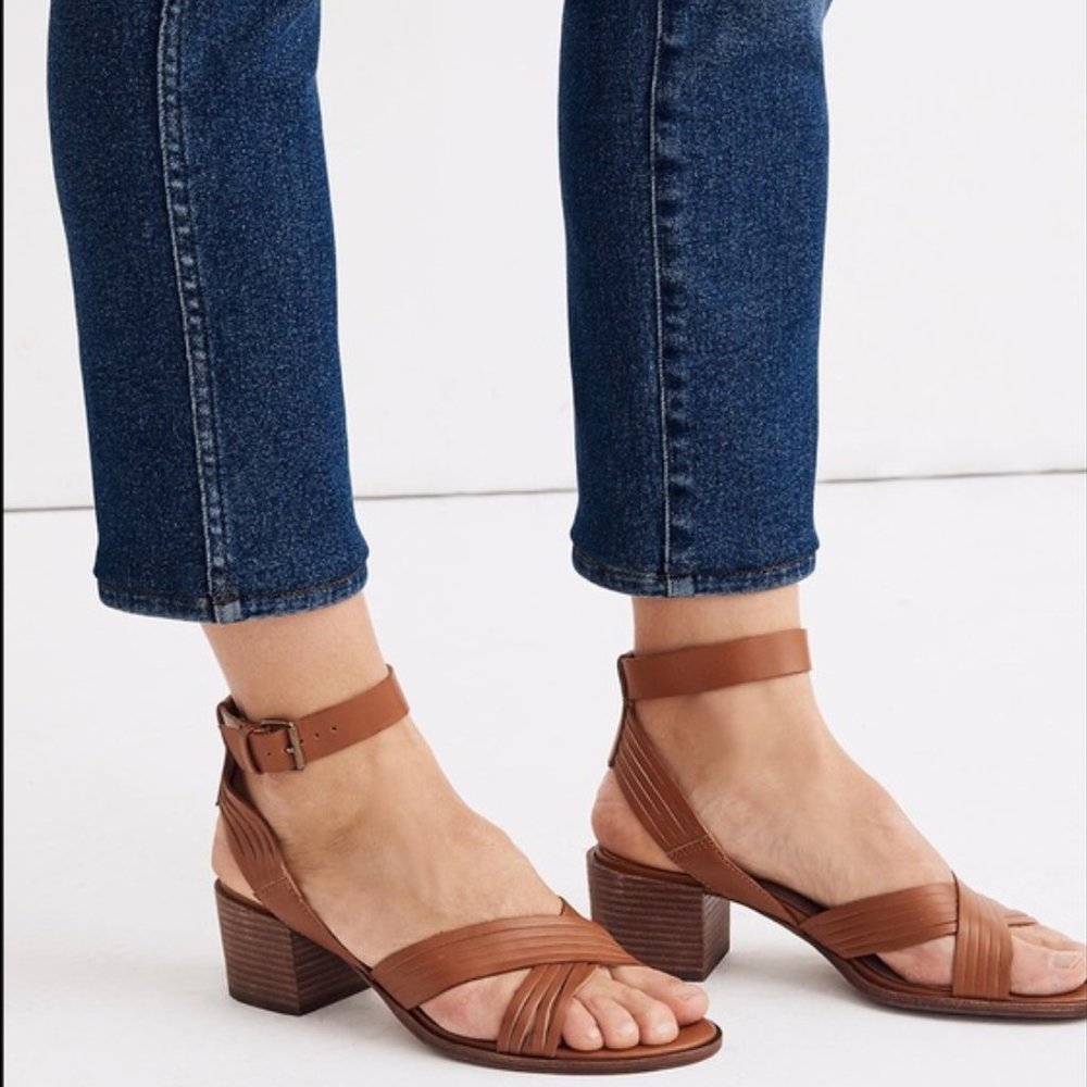 Madewell The Samira Leather Sandals 9 Stacked Block Heel Tan/Brown